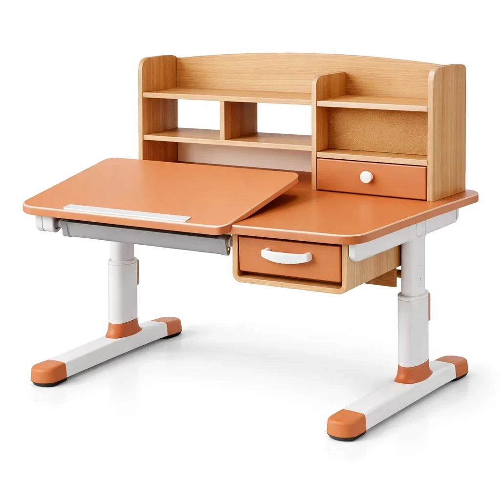 Bureau pour enfant réglable en bois et métal avec tiroirs et étagères orange-dwellinspire