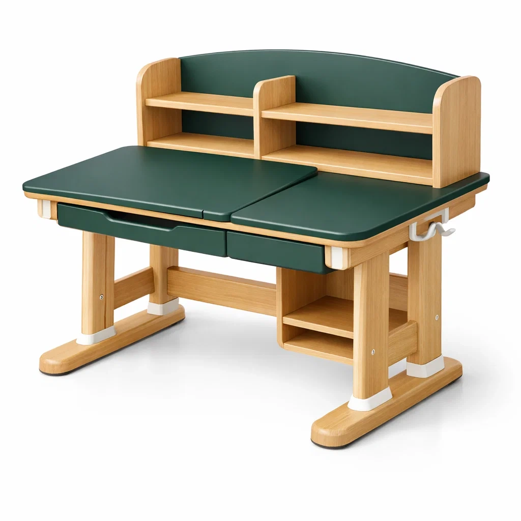 Bureau pour enfant en bois de hêtre et polyuréthane vert avec étagères-dwellinspire