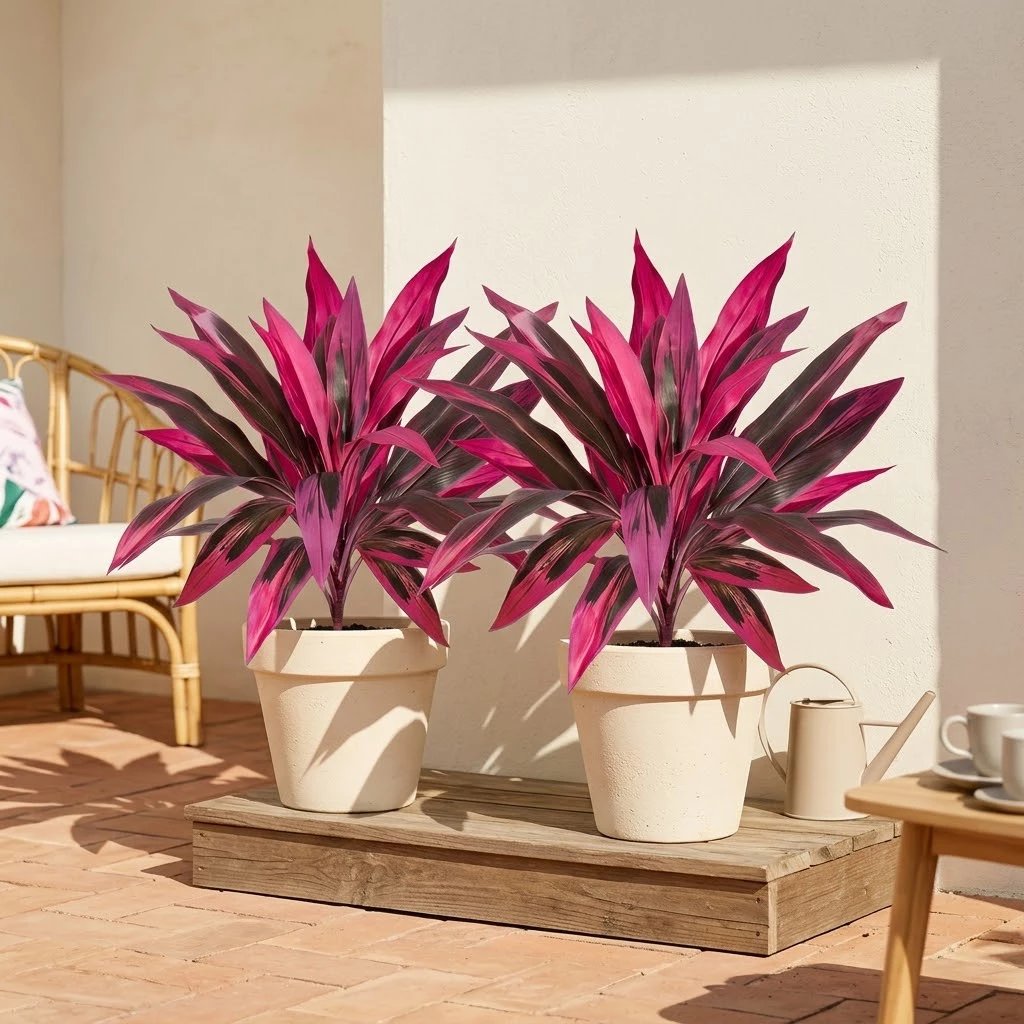 2Pcs Large Artificial Boston Fern & Dragon's Blood Tree Plants | Vibrant Pink Purple Faux Plants for Garden Patio Balcony Decor 🌼