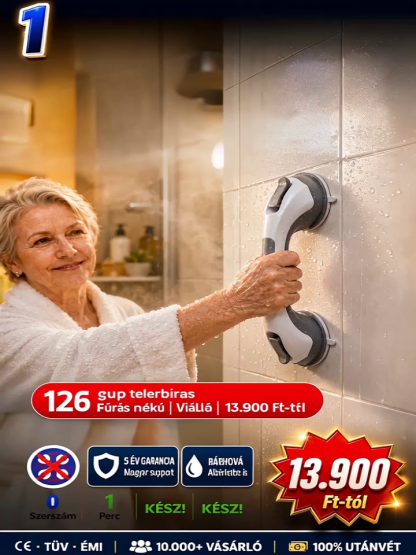 ✨Biztonságőr erős tapadókorongos kapaszkodó fúrás nélkül| 120 kg teherbírás | 1 mp felszerelés csempesérülés nélkül| Kötelező időseknek és kismamáknak.