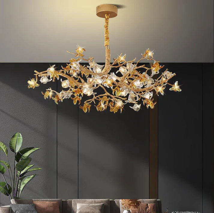 Aosta Orchid Branch & Crystal Bloom Brass Chandelier