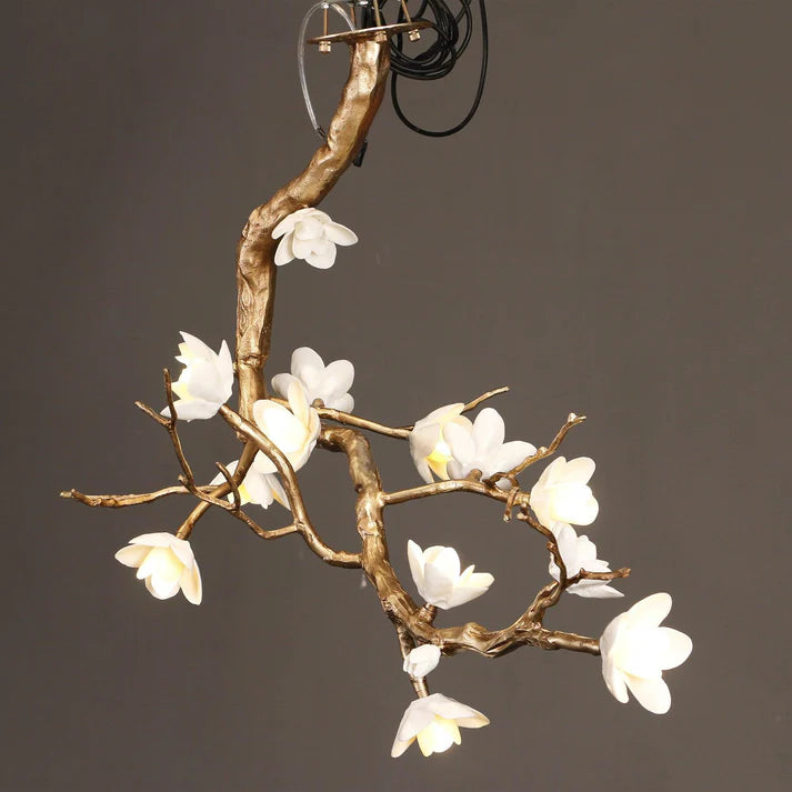 Magnolia Branch & Brass Floral Chandelier
