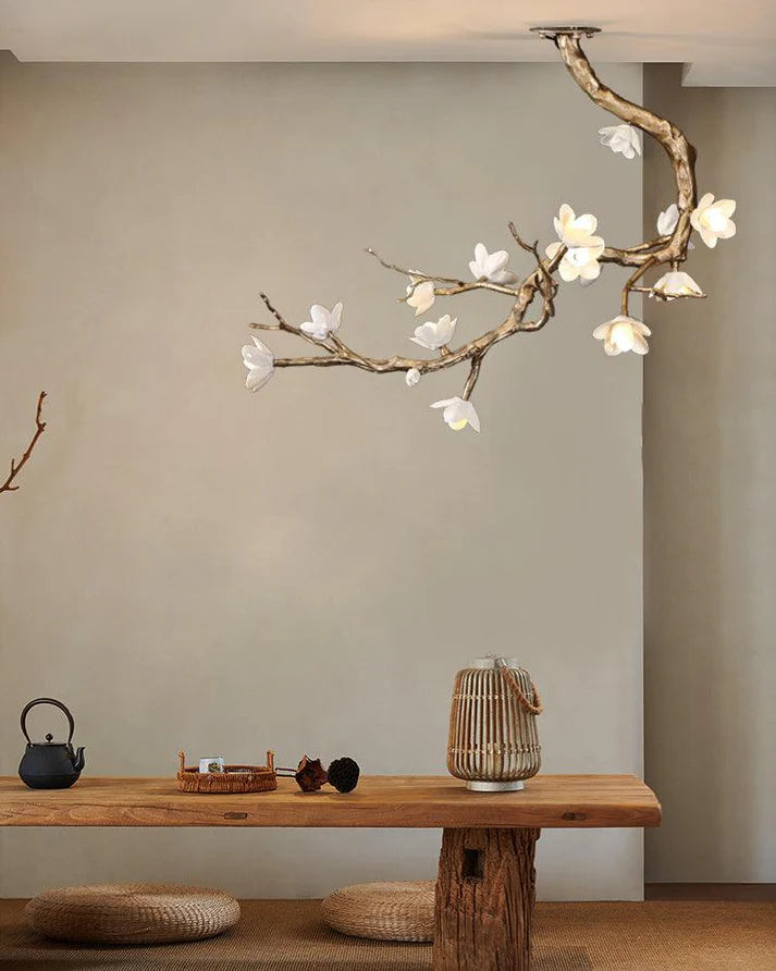Magnolia Branch & Brass Floral Chandelier