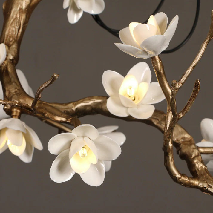 Magnolia Branch & Brass Floral Chandelier