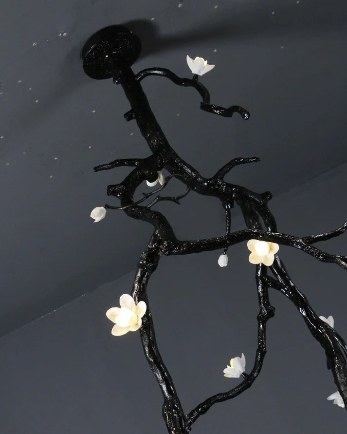 Noir Twisted Branch & Porcelain Bloom Candelabrum Chandelier