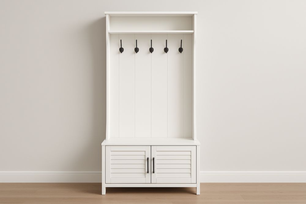 Appendiabiti in Legno MDF Verniciato Bianco con Ganci e Armadietto