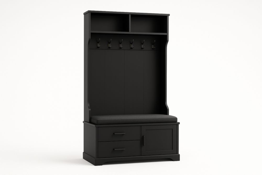 Panca Ingresso con Ganci e Ripiani in Legno MDF Nero