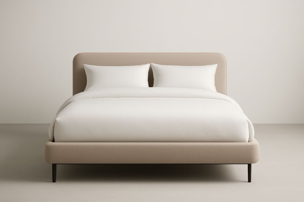 Letto matrimoniale in legno di quercia e acciaio con rivestimento in tessuto poliestere beige, lunghezza200 cm