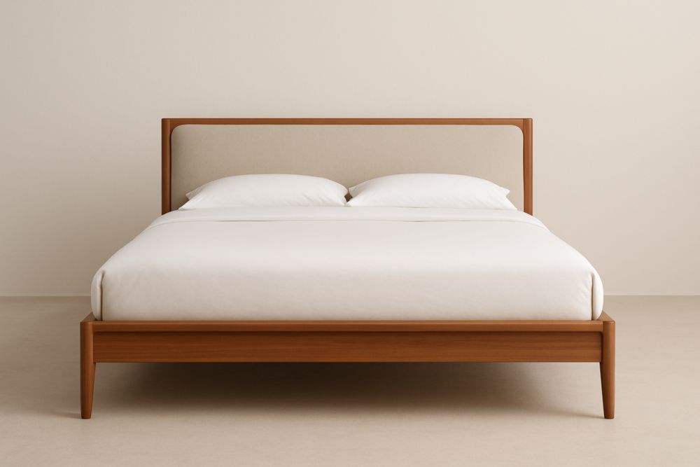 Letto matrimoniale in legno massello con testiera in tessuto poliestere 200x160 cm(Lu×L)