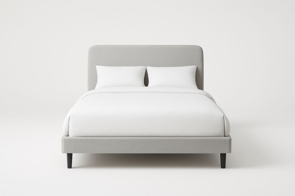 Letto matrimoniale in tessuto poliestere grigio con struttura in legno massello