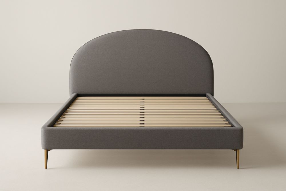 Letto matrimoniale in tessuto grigio con testiera arrotondata