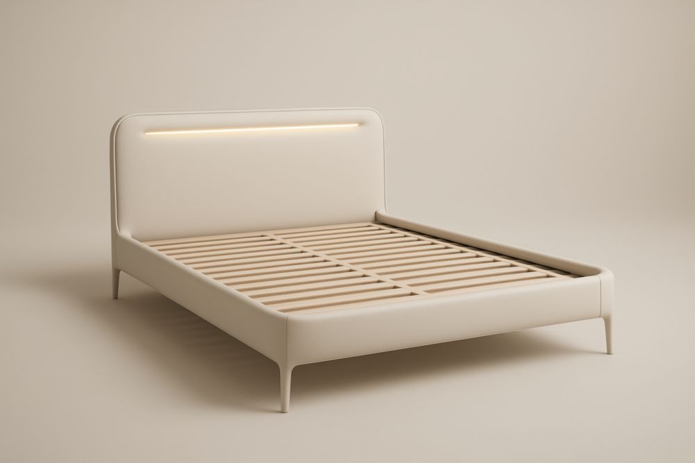 Letto matrimoniale in metallo con rivestimento in similpelle e luce LED