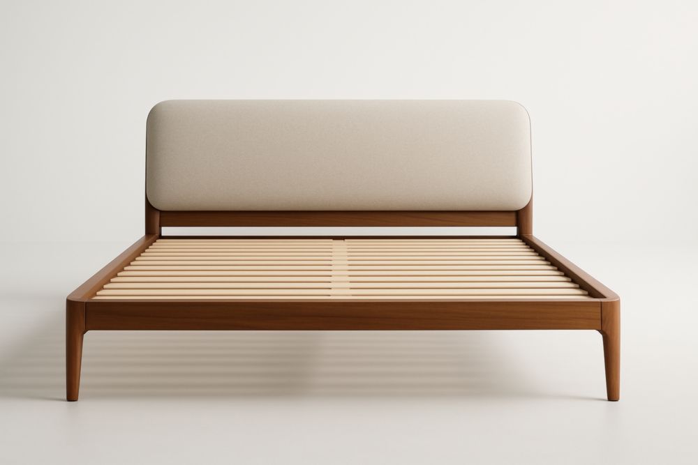 Letto matrimoniale in legno massello con testiera imbottita in tessuto crema 200x160 cm