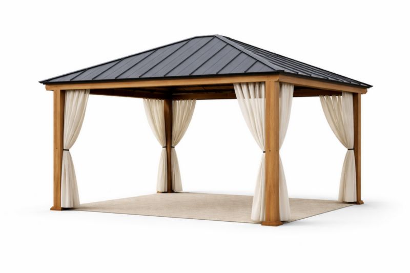 Gazebo da Giardino in Legno con Tetto in Metallo e Tende in Poliestere 300x300x280 cm