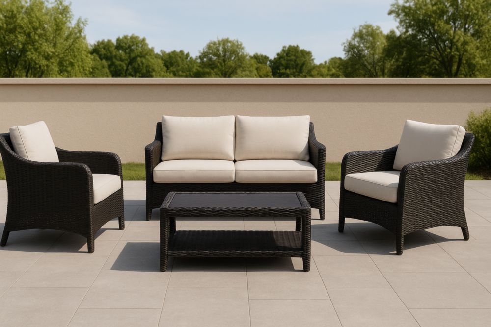 Set da Giardino in Rattan Nero e Ecru 4 Pezzi