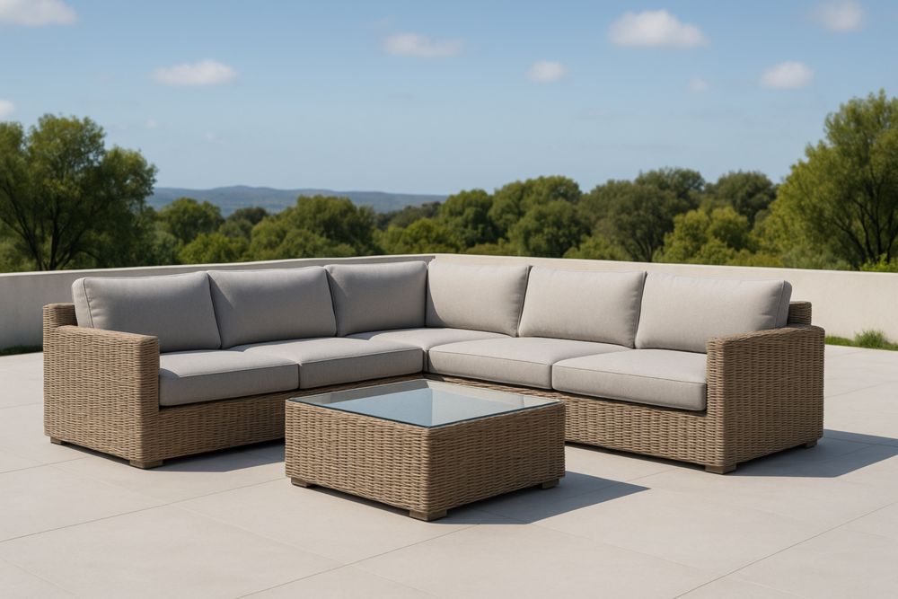 Set Divano ad angolo da Esterno in Rattan con Cuscini Grigi e Tavolino in Vetro