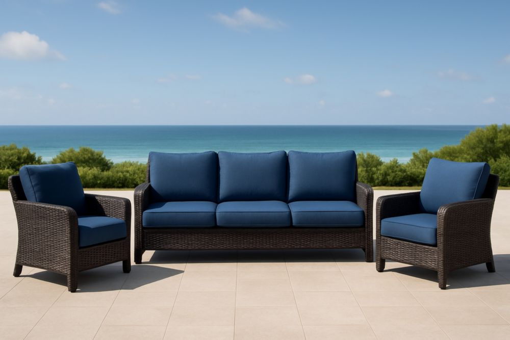 Set divano in rattan sintetico con cuscini blu