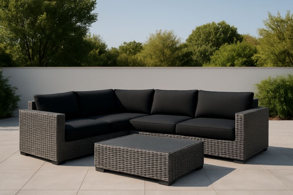 Divano ad angolo da esterno in rattan grigio con cuscini neri