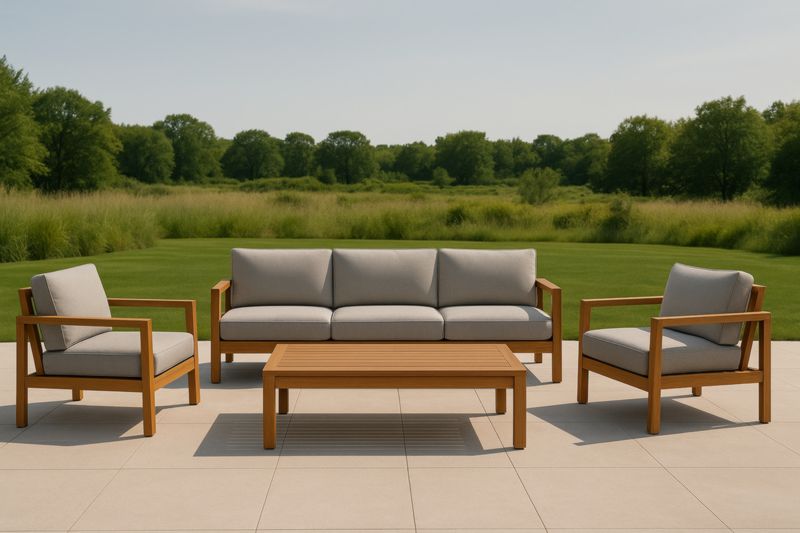 Set Salotto Esterno in Teak con Cuscini Grigi e Tavolo