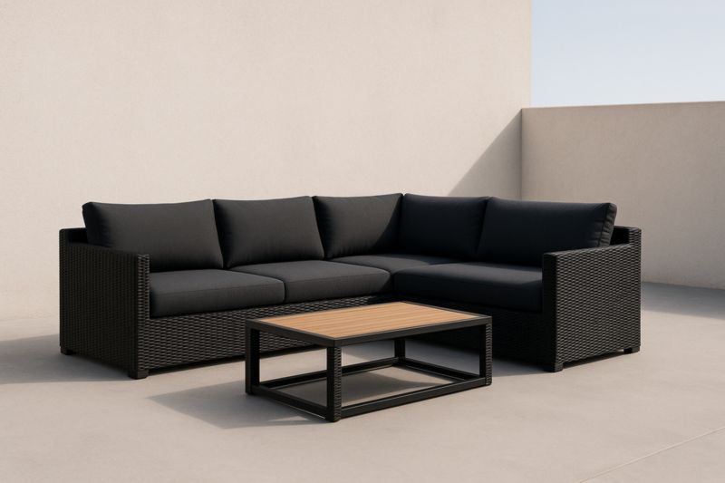 Divano ad angolo in rattan nero con tavolino in legno