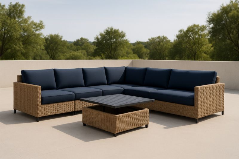 Set salotto angolare in rattan sintetico con cuscini blu e tavolino nero