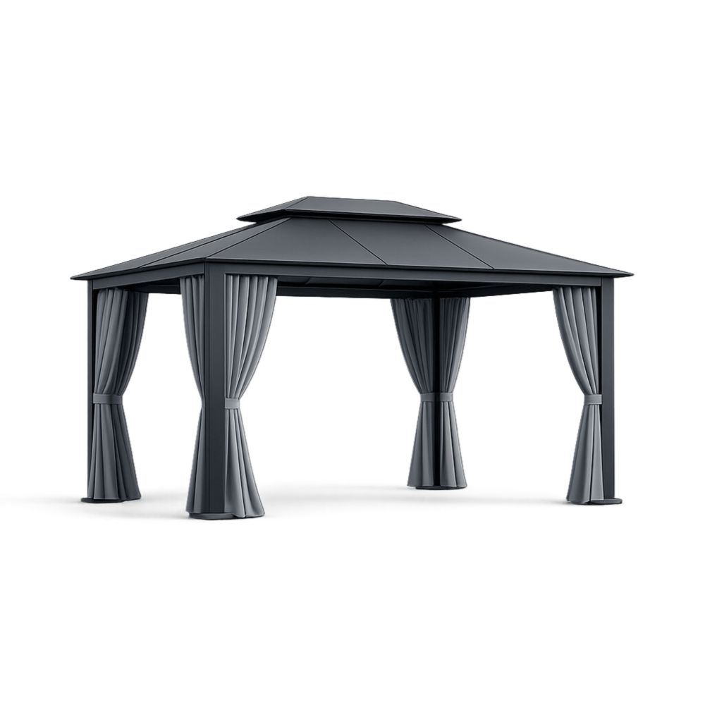 Gazebo in Metallo con Tettuccio Doppio e Tendaggi in Poliestere Grigi 300 x 400 x 280 cm