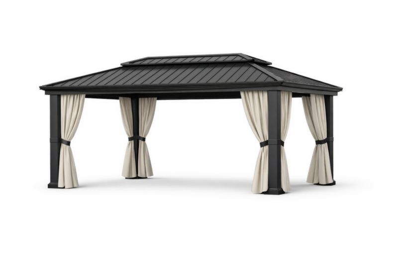 Gazebo in Alluminio con Tetto in Metallo e Tende Beige