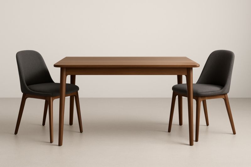 Table à manger bois naturel avec chaises en tissu gris