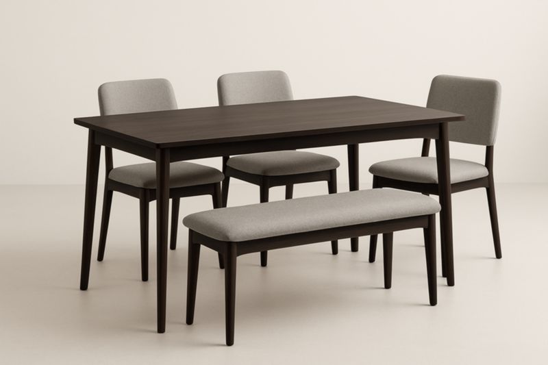 Ensemble de salle à manger en bois avec chaises et banc en tissu gris