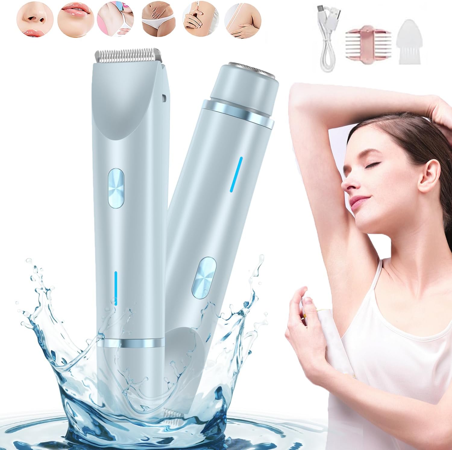 2-in-1 Women's Body Shaver, Electric Razor, 2-in-1 Women's BodyShaver, 2.0 BikiniShaver, Dual Head Wet & Dry, for Pubic Hair (Blue)