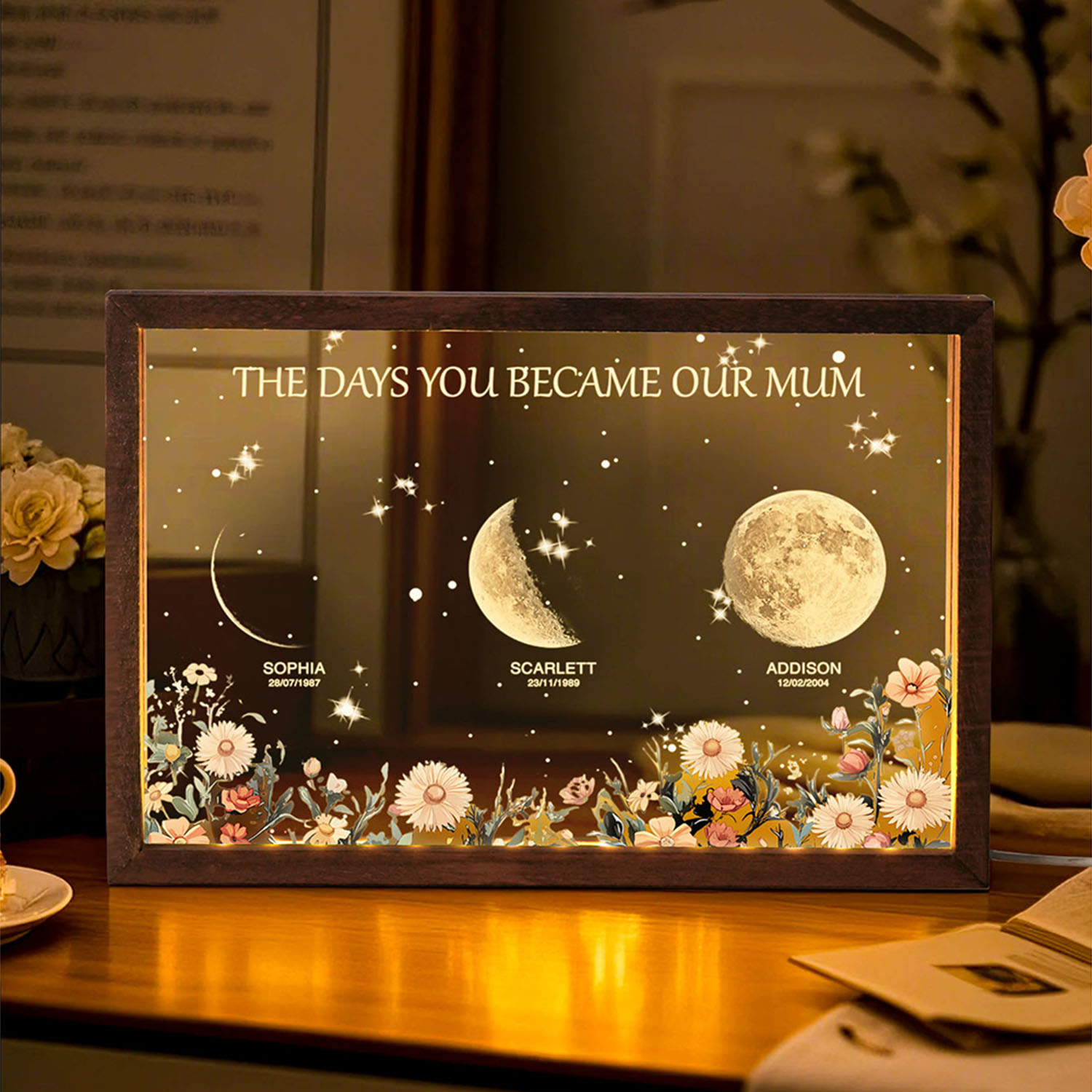 Caja De Luz Personalizada Con Fases Lunares 'los Días En Que Te Convertiste En Nuestra Mamá' - Regalo Para El Día De La Madre - Base De Madera - GiftlabES