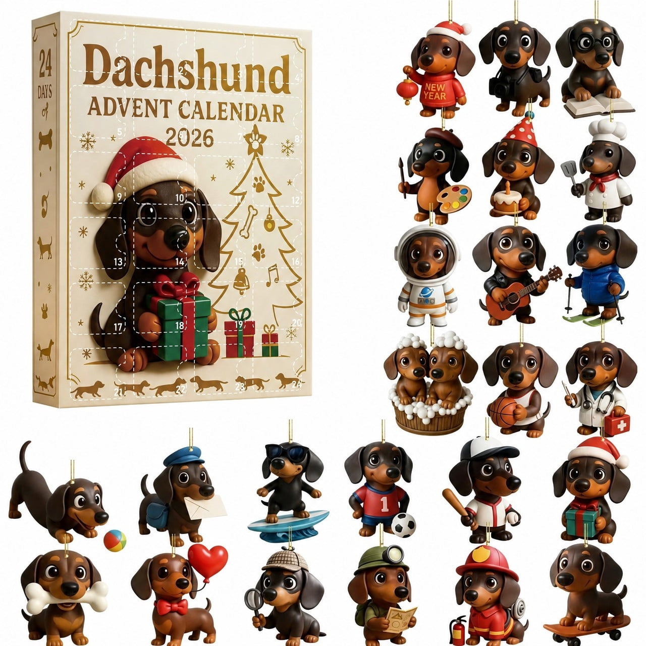 2026 Dachshund Advent Calendar, 24 Days Dog Collectible Surprises with Festive Puppy Acrylic Figures - For Lovers Family Christmas Decor Holiday Advent Gift