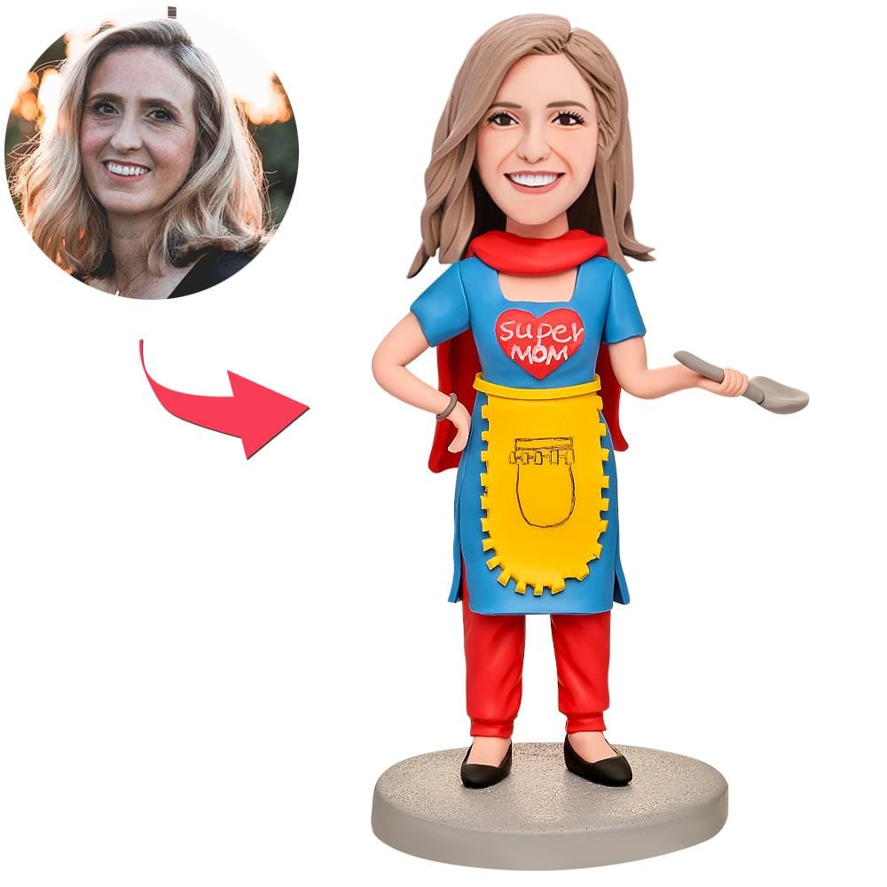 Figura Cabezona Personalizada Con Texto Grabado - Regalos Para El Día De La Madre - Madre Con Vestido Azul C - GiftlabES