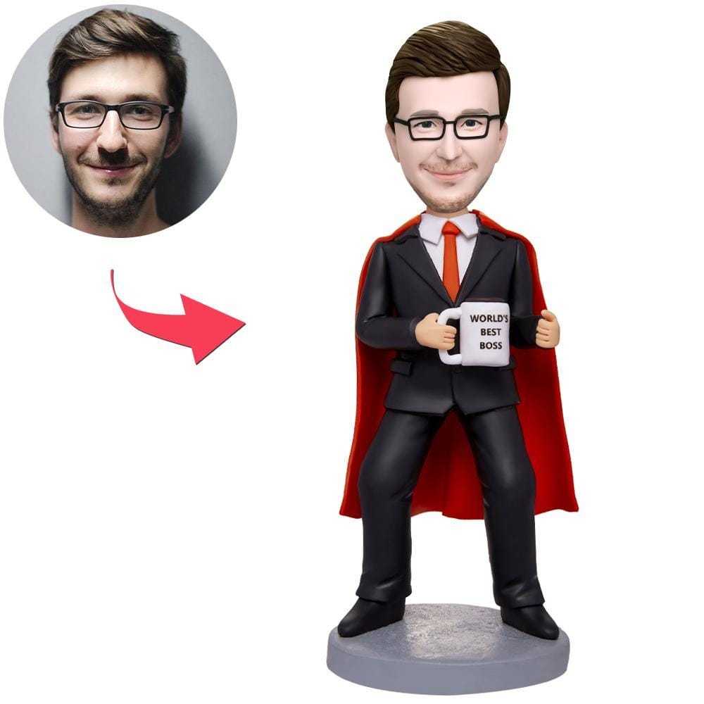 Figuras Cabezonas Personalizadas De Un Superempresario Sosteniendo Un Vaso De Agua Con Texto Grabado. - GiftlabES