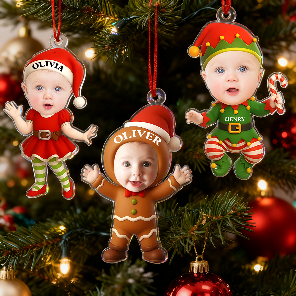 Adorno Acrílico Personalizado Para La Primera Navidad Del Bebé: Diseño Con Foto De Papá Noel, Elfo Y Galleta De Jengibre. - GiftlabES