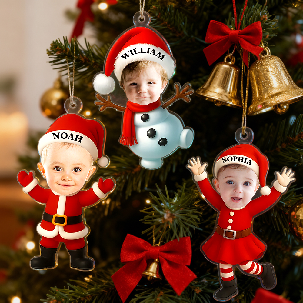 Adorno Acrílico Personalizado Para La Primera Navidad Del Bebé: Diseño Con Foto De Papá Noel, Elfo Y Galleta De Jengibre. - GiftlabES