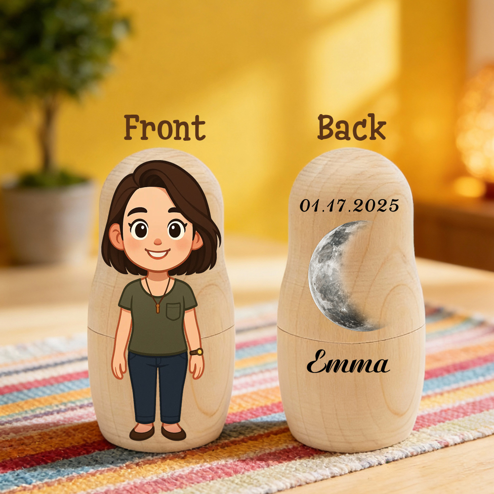 Muñeca Rusa Con Retrato Personalizado, Retrato Con Fase Lunar Y Texto Personalizados, Estilo Caricatura, Regalo Familiar, Regalo Para Parejas - GiftlabES