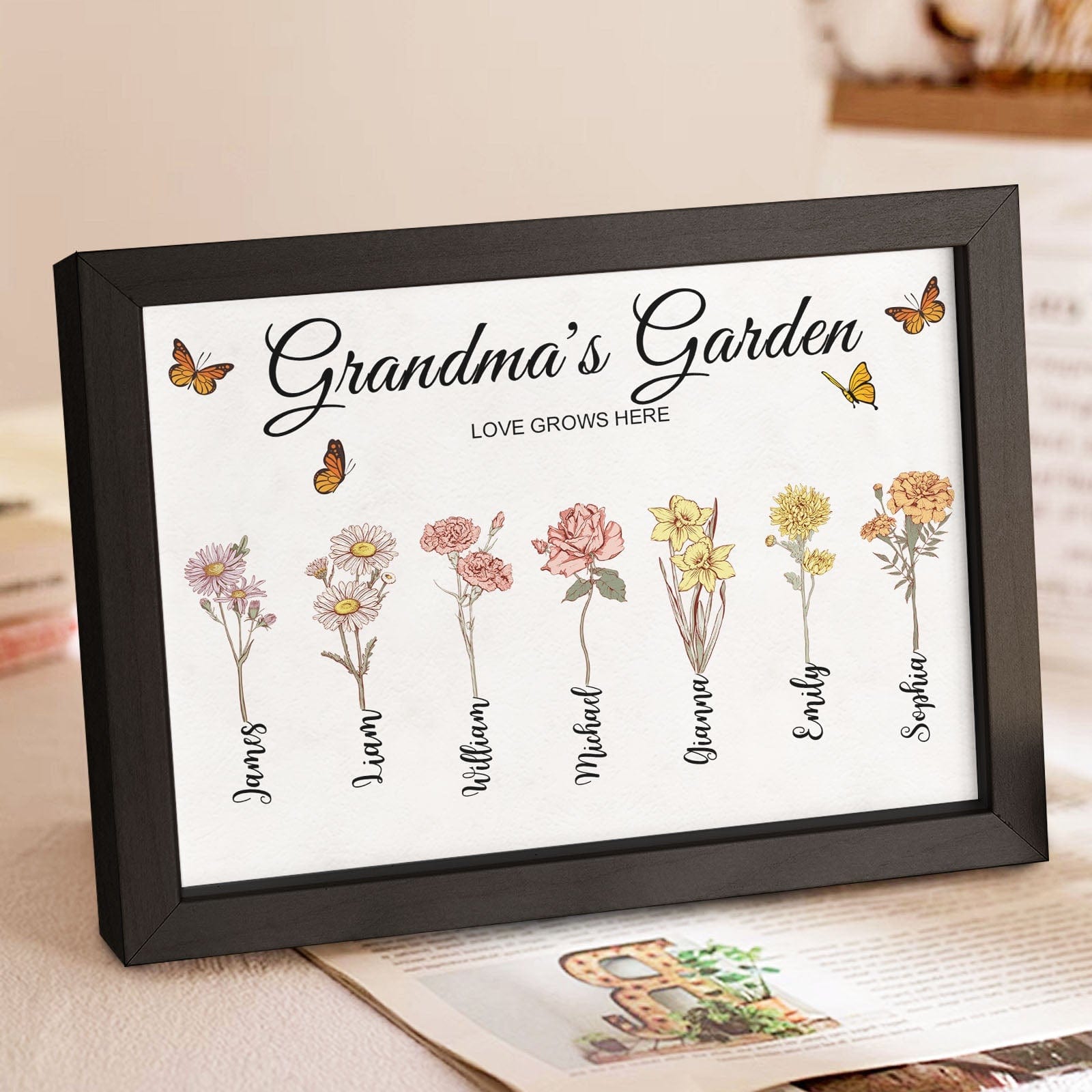 Marco De Fotos De Madera Vintage Personalizado 'jardín De La Abuela' - Marco De Fotos Con La Flor De Nacimiento Personalizada - Regalo Para El Día De La Madre - GiftlabES