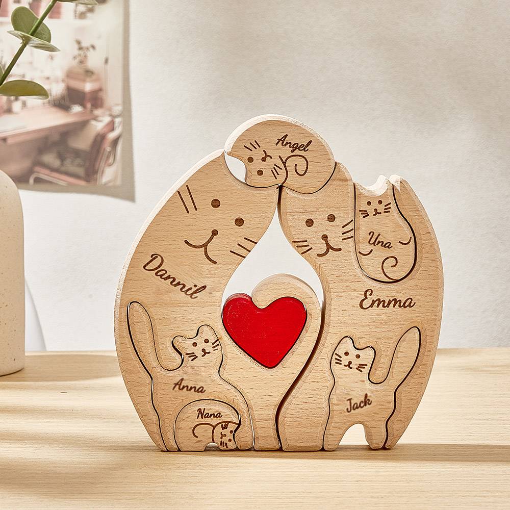 Rompecabezas De Gatos De Madera, Rompecabezas Con Nombres Personalizados De Miembros De La Familia, Regalos De Decoración Personalizados Para El Hogar - GiftlabES