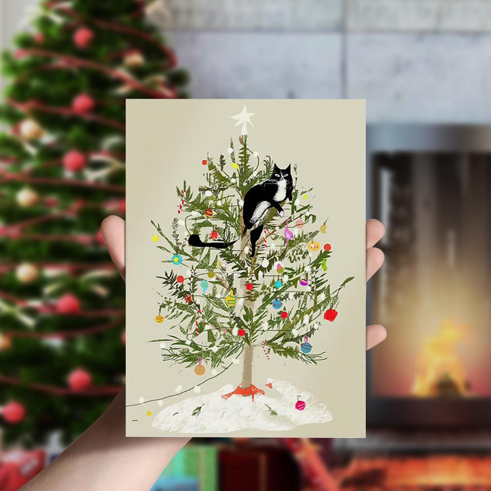 Tarjeta De Navidad Con Un Gato Y Un Árbol De Navidad (tarjeta Vertical) - GiftlabES