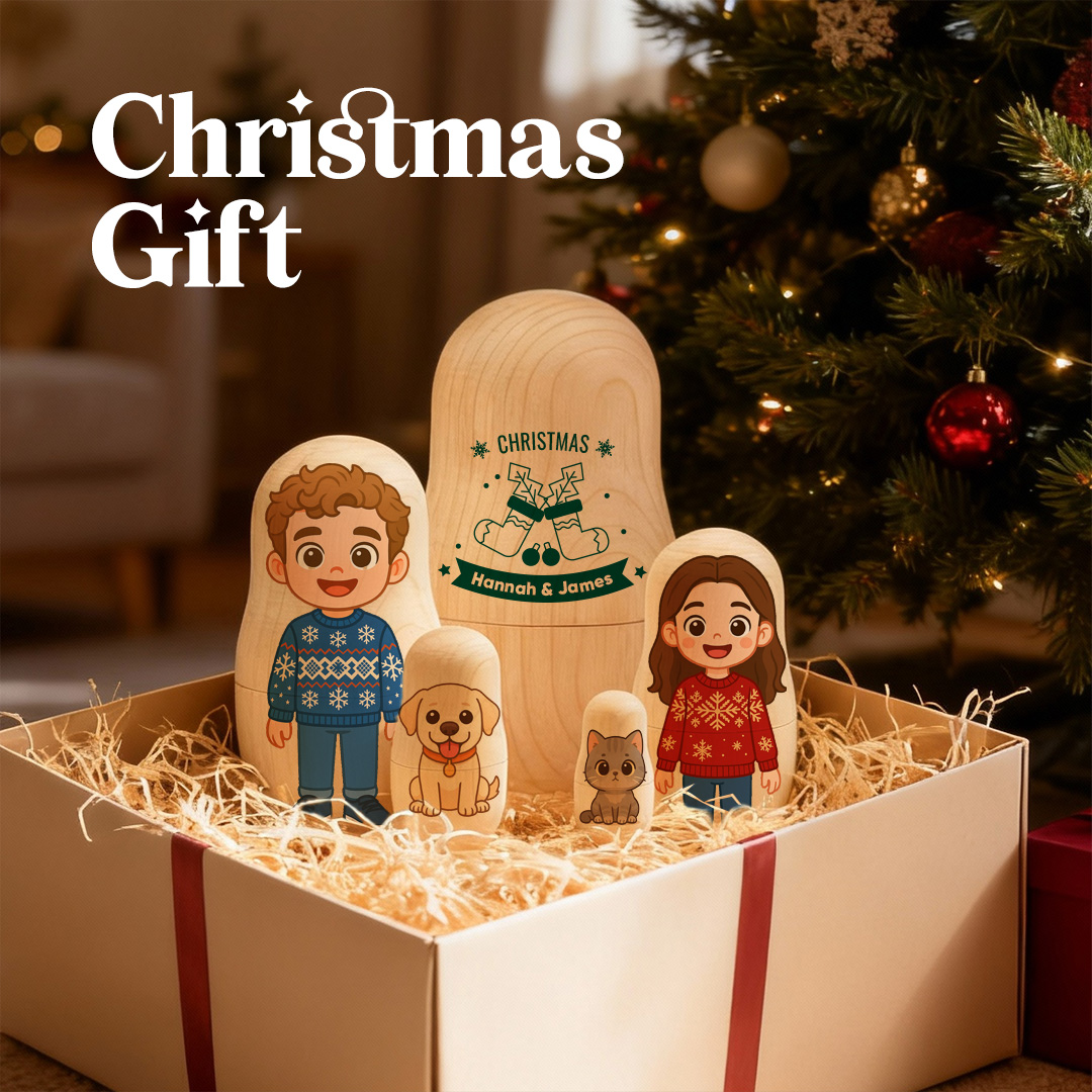 Muñeca Rusa Personalizada Con Retrato Y Texto. Retrato Familiar Personalizado Con Foto Estilo Caricatura. Regalo De Navidad Con Foto. - GiftlabES