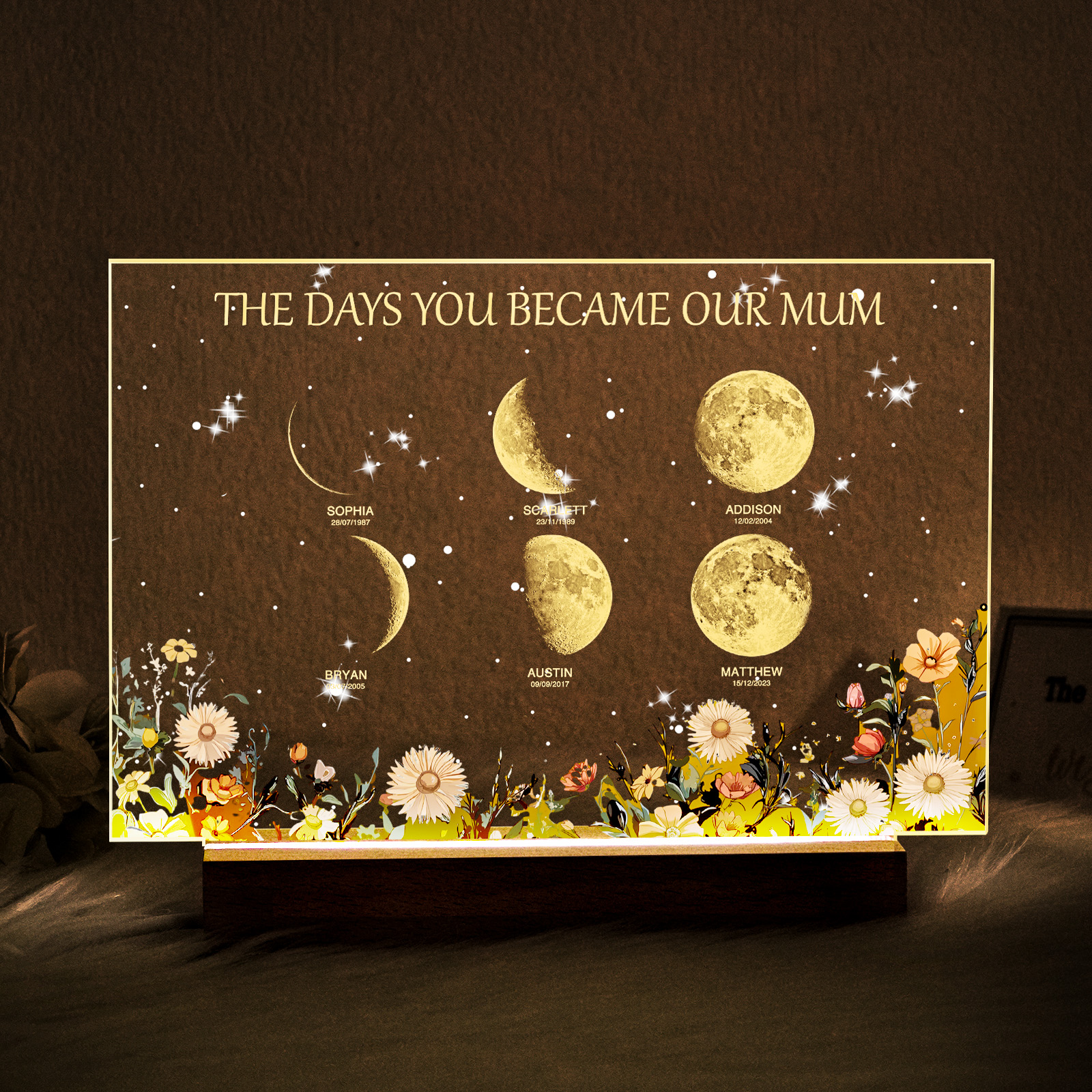 Caja De Luz Personalizada Con Fases Lunares 'los Días En Que Te Convertiste En Nuestra Mamá' - Regalo Para El Día De La Madre - Base De Madera - GiftlabES