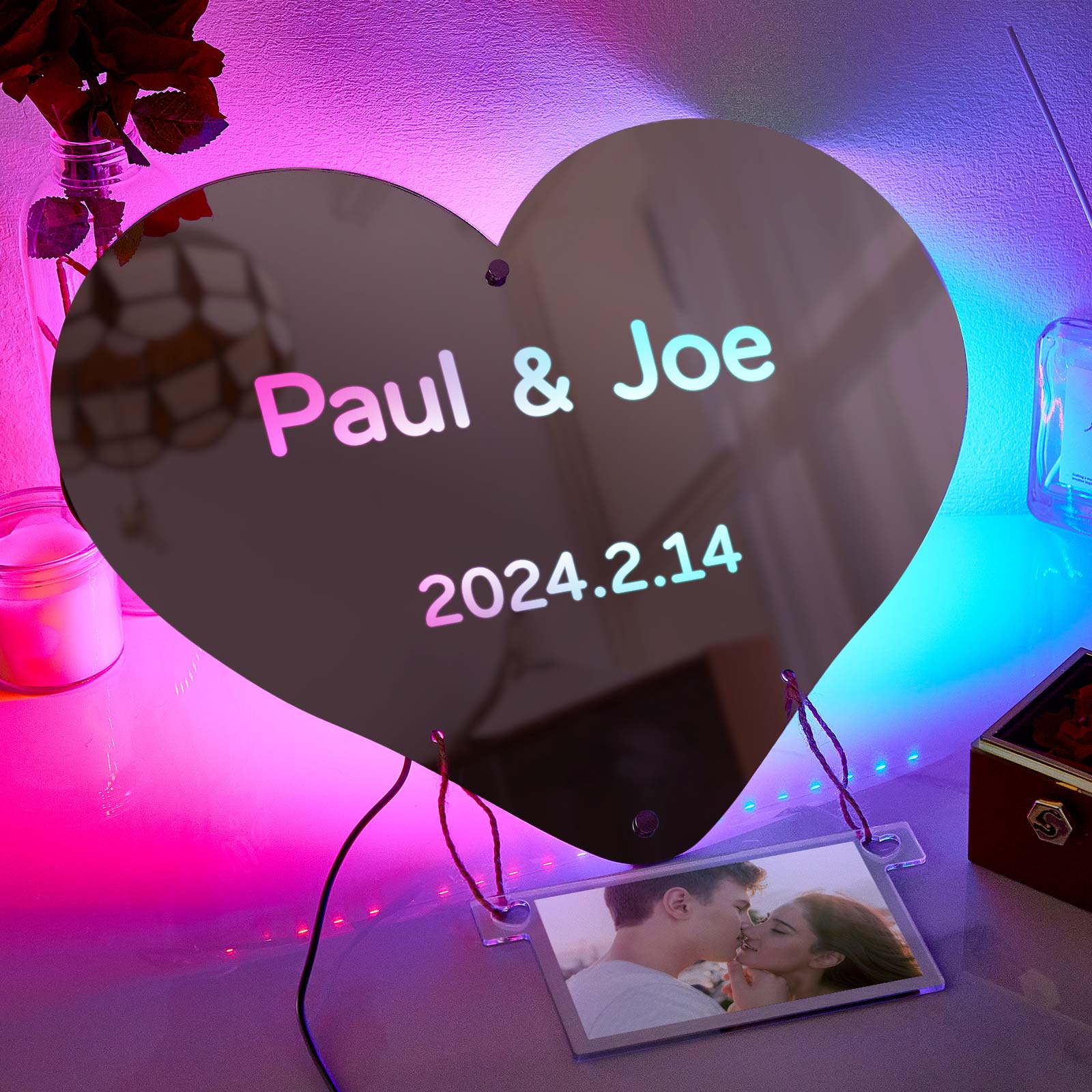 Espejo Con Luz Y Globo Aerostático Grabado Con Foto Personalizada, Regalo Para Parejas - GiftlabES