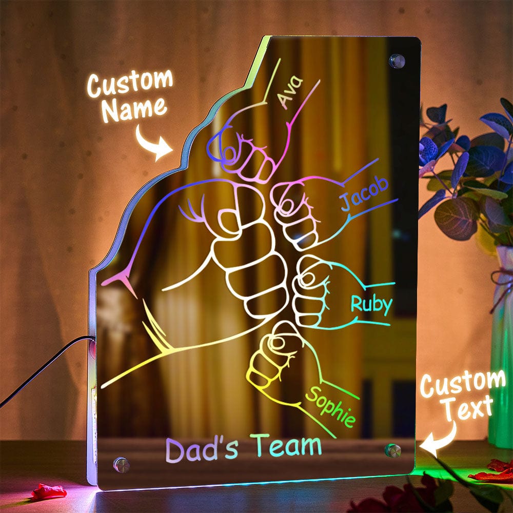 Espejo Con Luz Personalizada Con El Nombre De La Familia, Espejo Con Forma De Puño Personalizado Para El Día Del Padre. - GiftlabES