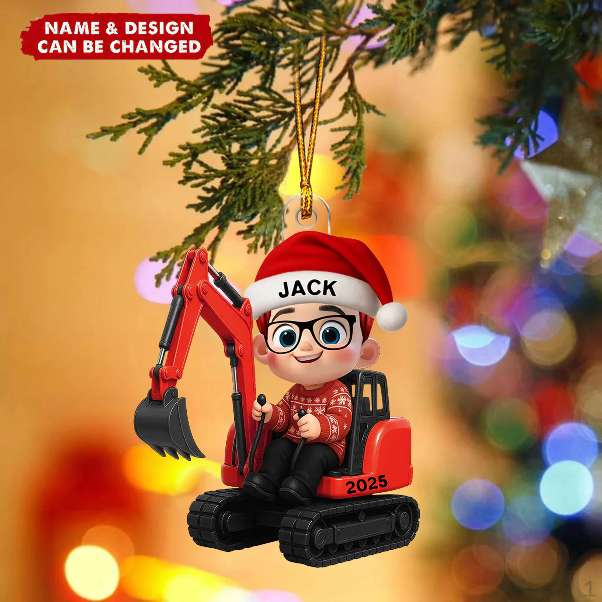 Adorno Navideño De Acrílico Personalizado Con Efecto 3d De Un Niño Pequeño Con Un Coche, Una Excavadora O Un Tractor. - GiftlabES