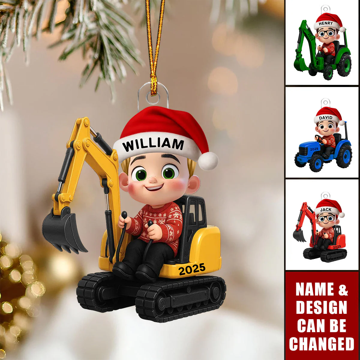 Adorno Navideño De Acrílico Personalizado Con Efecto 3d De Un Niño Pequeño Con Un Coche, Una Excavadora O Un Tractor. - GiftlabES