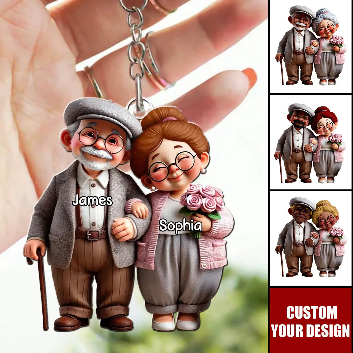 Vecchio Portachiavi In ​​acrilico Personalizzato Con Coppia Di Personaggi Dei Cartoni Animati Che Si Tengono Per Mano - Regalo Per La Coppia - GiftlabIT