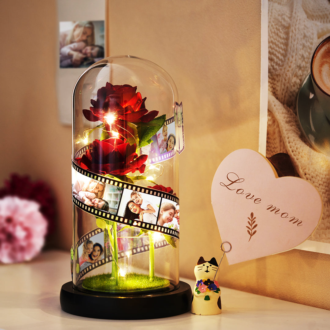 Fiore Di Rosa In Vetro Con Pellicola Fotografica E Lampada A Led - Regalo Per La Festa Della Mamma - GiftlabIT