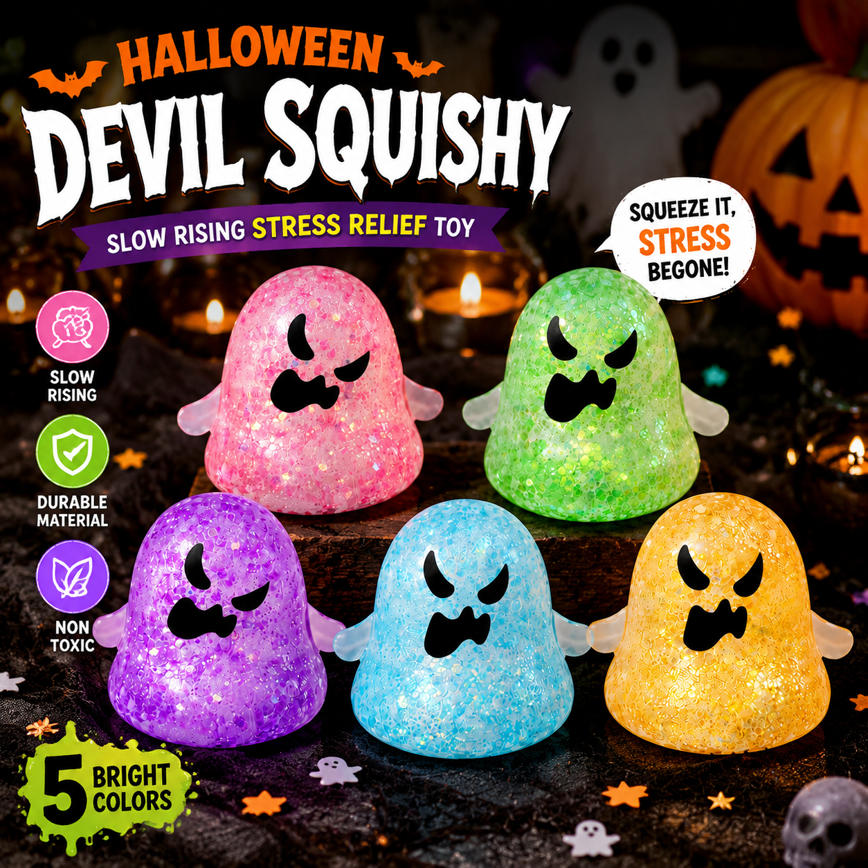 Halloween Devil-Face Ghost Squeeze Toy, Soft Squishy Ghost Stress Relief Toy, Spooky Halloween Fidget Toy, Fun Halloween Gift for Kids & Adults
