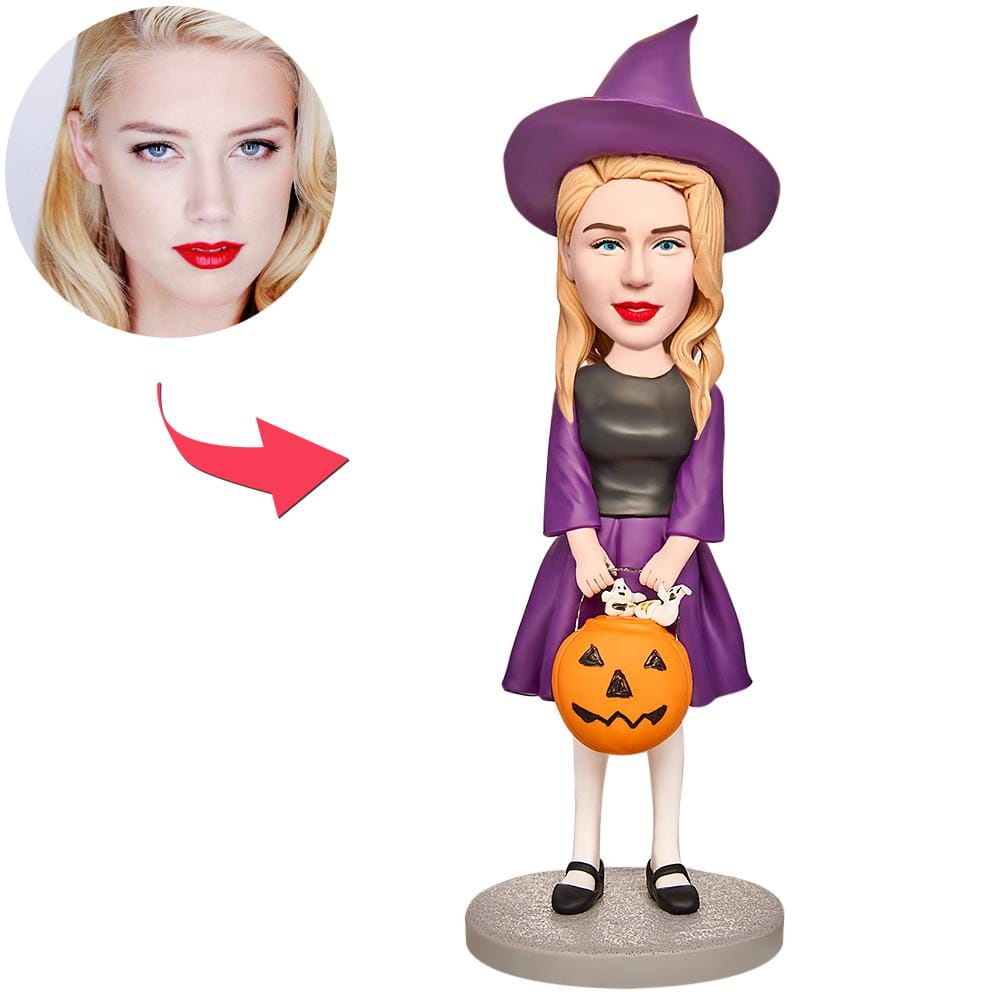 Regalo Di Halloween: Statuetta Personalizzata Con Testa Oscillante E Testo Inciso - Piccola Strega Con Zucca Intagliata - GiftlabIT